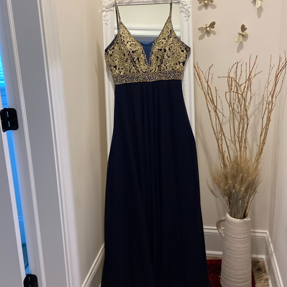 Formal gold and navy beaded gown